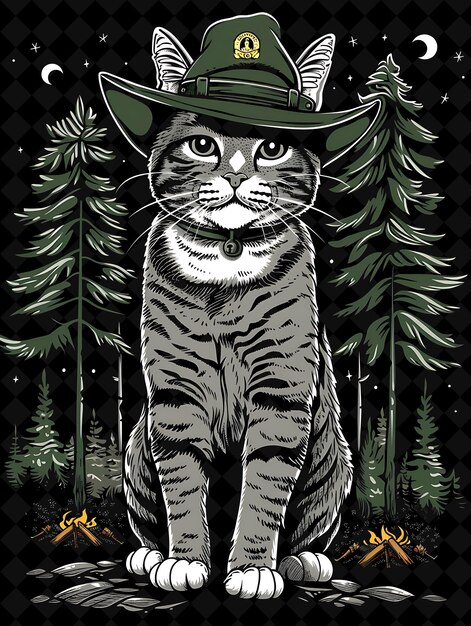 a cat with a hat on its head is standing in the woods