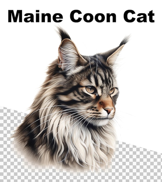 PSD a cat with a long hair and a long tail with the words " maine coon cat " on a white background