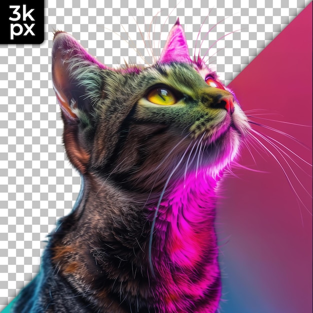 PSD a cat with a pink and purple background with a x2 printed on it