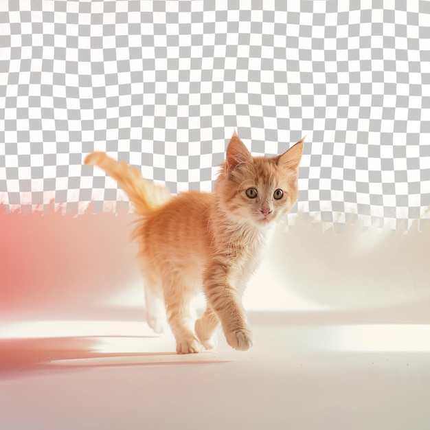 a cat with a red and white striped tail walks across a white floor