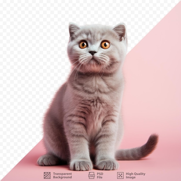 a cat with yellow eyes sits on a pink background.