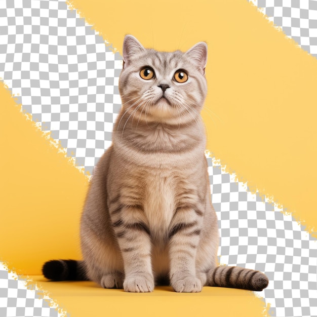 a cat with yellow eyes sitting on a yellow background.