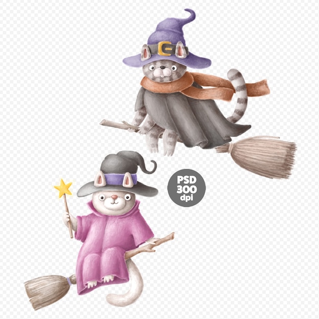 Cats witches cute hand-drawn characters isolated