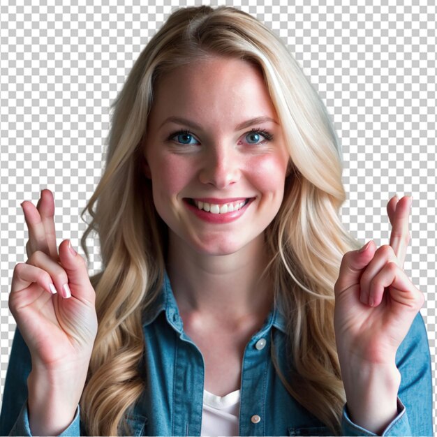 PSD caucasian blonde woman in studio crossing fingers on transparent background