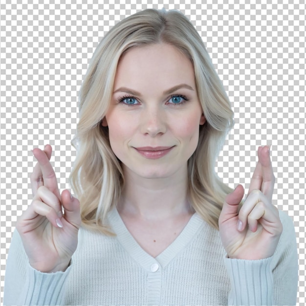 caucasian blonde woman in studio crossing fingers on transparent background