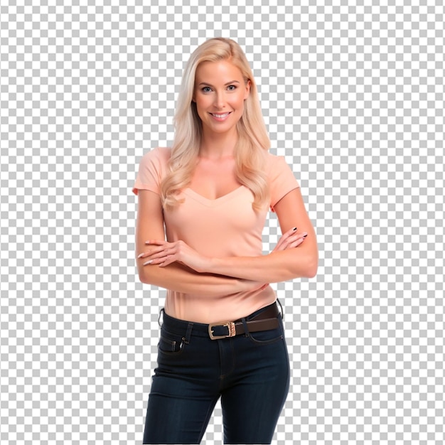 PSD caucasian blonde woman in studio feels proud on transparent background