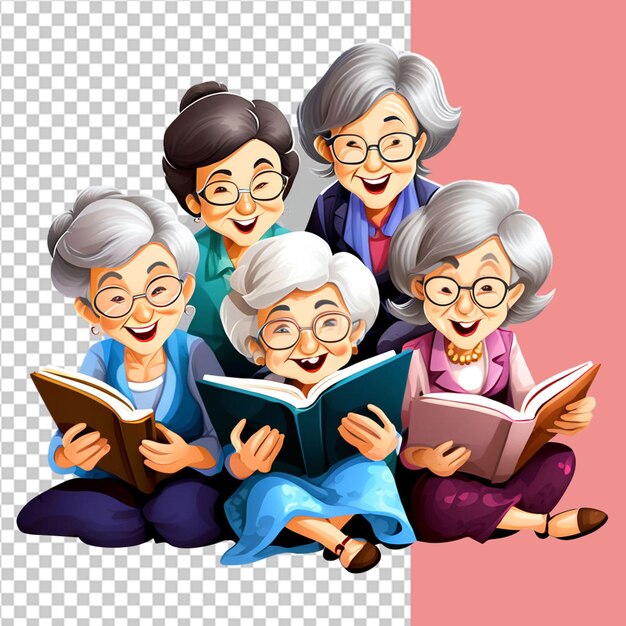 PSD caucasian grandmother reading book to granddaughters