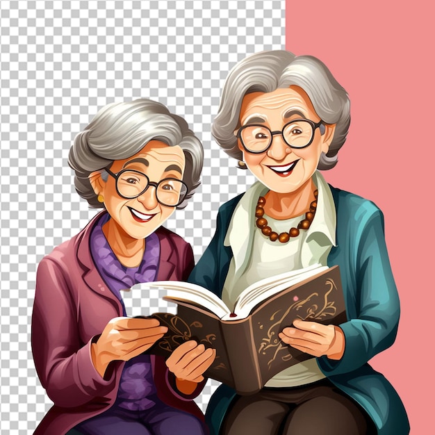 PSD caucasian grandmother reading book to granddaughters