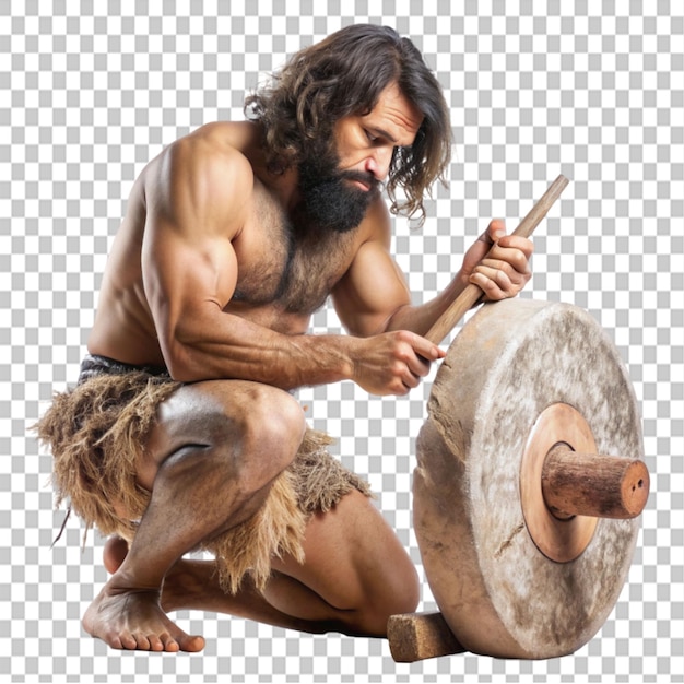 PSD caveman carving a wheel on transparent background