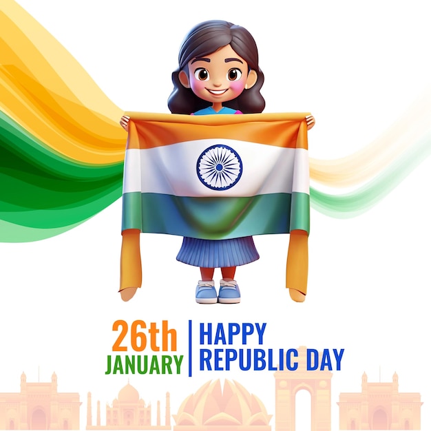 Celebrate Republic Day with this stunning 3D illustration featuring a girl proudly holding the flag