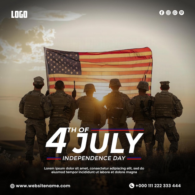 Celebrating 4th july memorial day social media with USA army soldiers holding an American flag