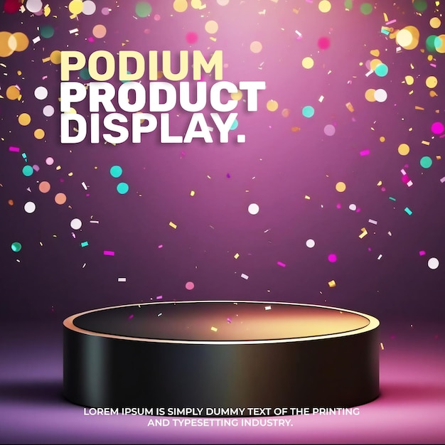 Celebration podium stage display mockup for product presentation scene confetti and ribbons 3d