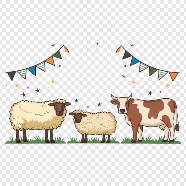 PSD a celebratory eid al adha illustration featuring sheep and cattle isolated on transparent background