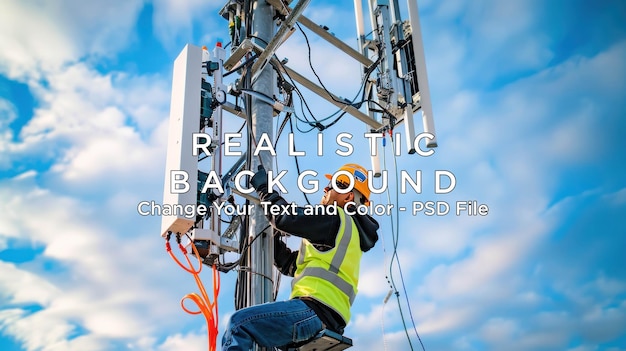 PSD cell tower technician working on a cloudy day