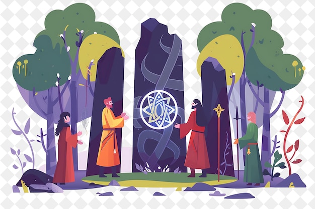 PSD celtic forest with characters having a handfasting ceremony people life style flat illustration