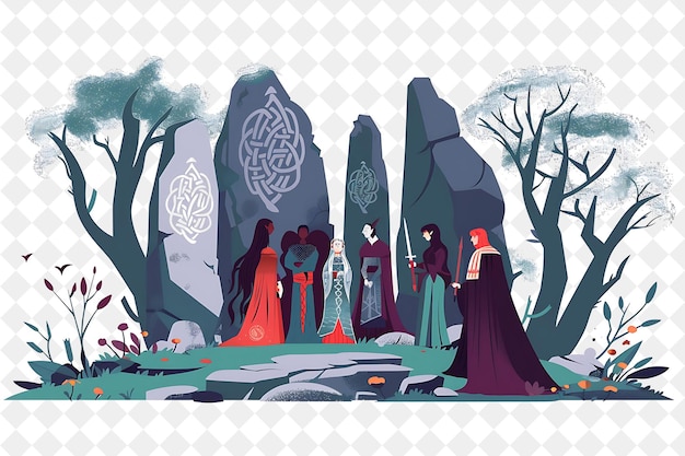 PSD celtic forest with characters having a handfasting ceremony people life style flat illustration