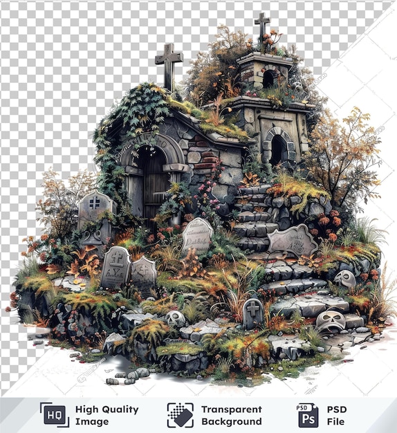 Cemetery Halloween scene with wooden cross old building green roof white gray skull