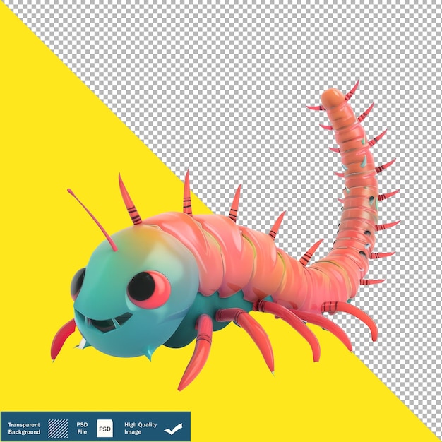 Centipede in Simple 3D Cartoon Drawing Style Vintage Illustration transparent background PNG PSD