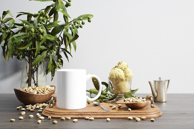 ceramic bug and nuts bowl on wooden tray and plant