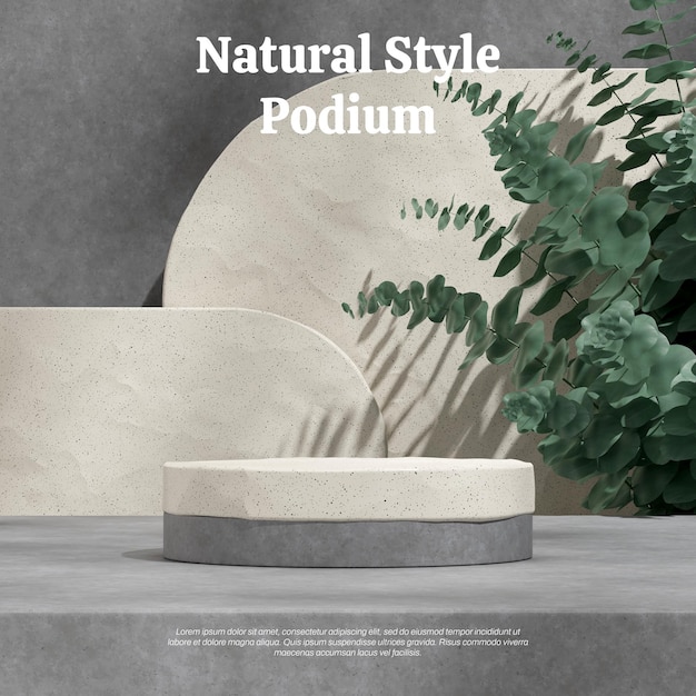 ceramic and concrete textured podium 3d render image blank mockup eucalyptus leaves in square