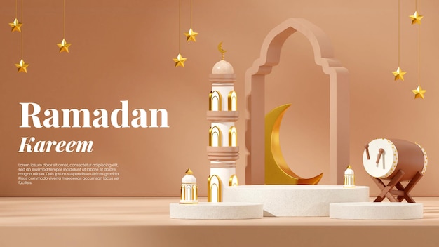 ceramic texture podium in landscape moon, stars, and bedug ramadan, 3d image render empty mockup