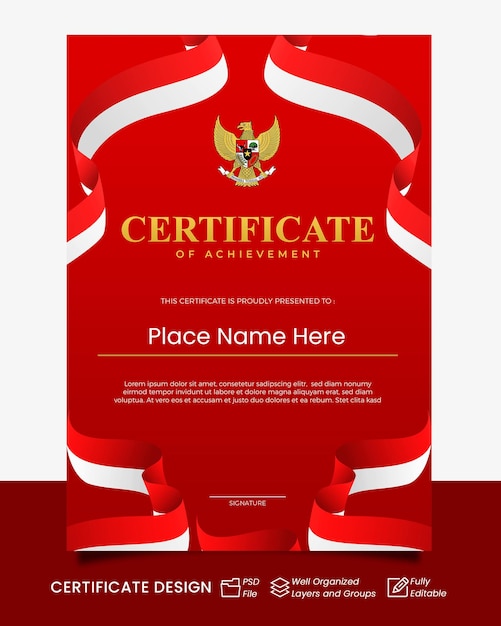 Certificate design red portrait with garuda indonesia symbol and indonesia flag