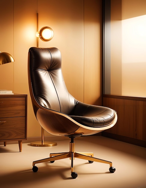 PSD a chair with a black leather seat sits in a room with a lamp and a lamp