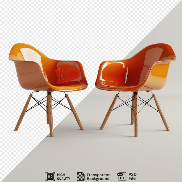 a chair with a wooden base and a wooden base sits in front of a white wall accompanied by an orange chair and a brown and wood leg png psd