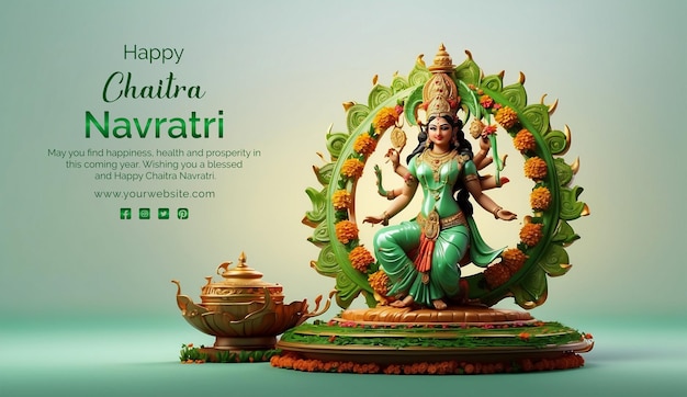 Chaitra Navratri concept goddess Durga 3d render sculpture view on light green background