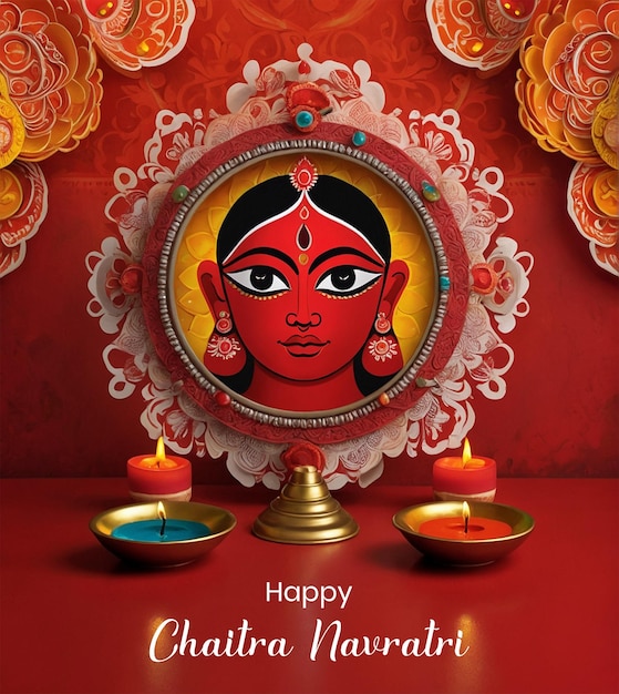 Chaitra Navratri concept goddess Durga face shape view inside mandala decoration on red background