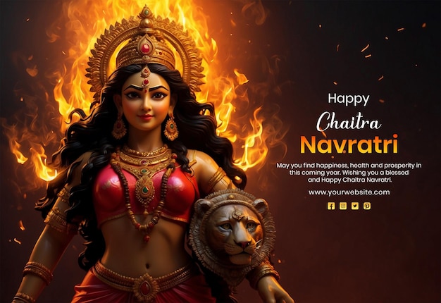 Chaitra Navratri concept goddess Durga sculpture with fire on dark gradient background