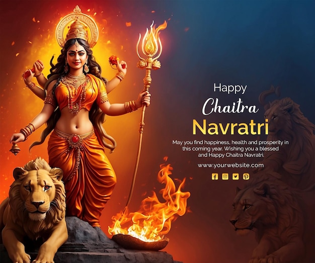 Chaitra Navratri concept goddess Durga with lion sculpture and fire on gradient background