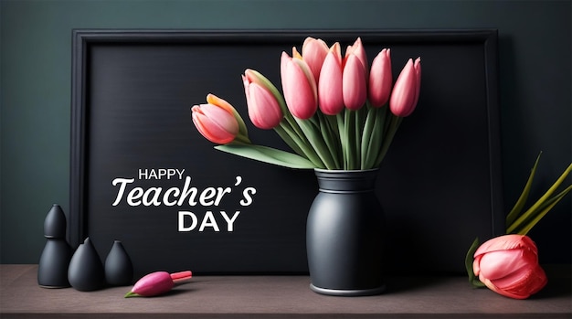 A chalkboard and a vase of tulips