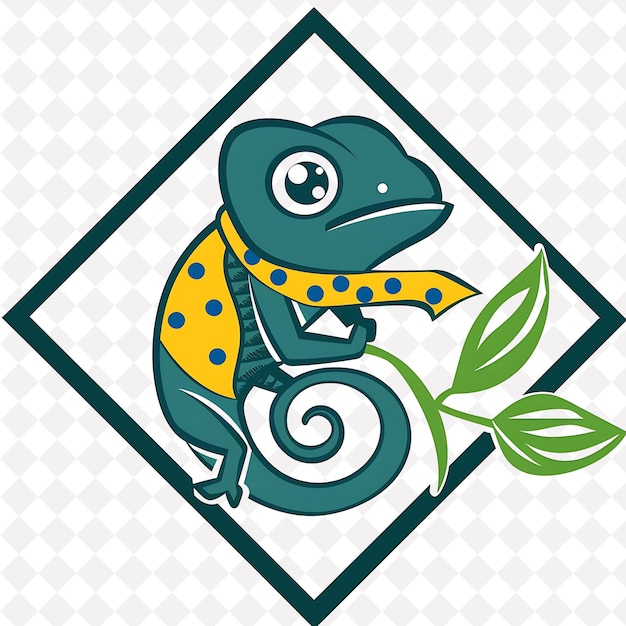 PSD chameleon icon diamond shaped emblem with leaf border cute c illustration animal vector art design