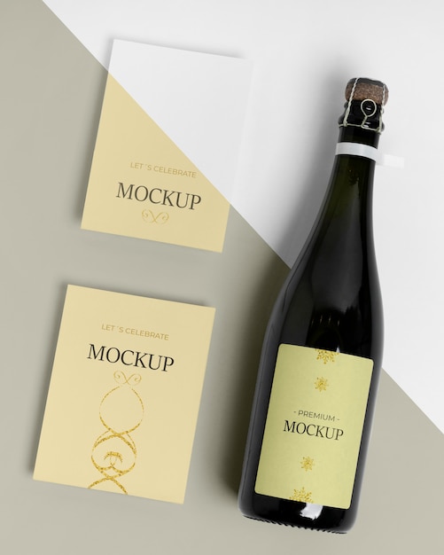 Champagne bottle mock-up and invitation cards