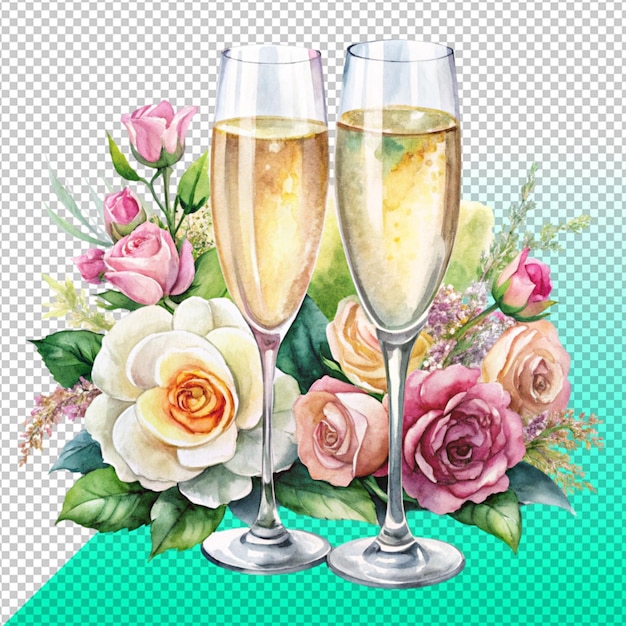 PSD champagne flutes and flowers on transperent background