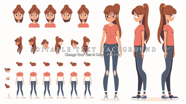 PSD character design sheet for a young woman