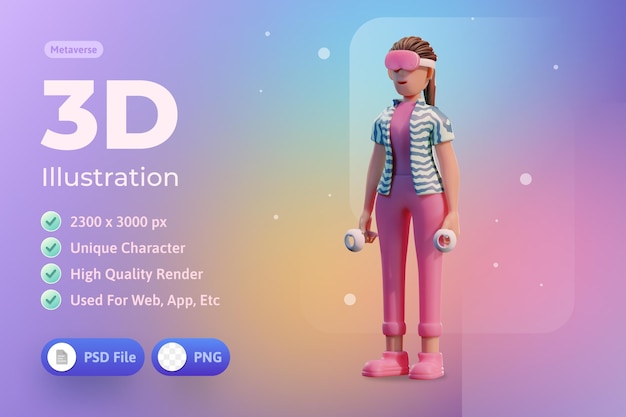 Character woman with headset VR Metaverse 3d Illustration