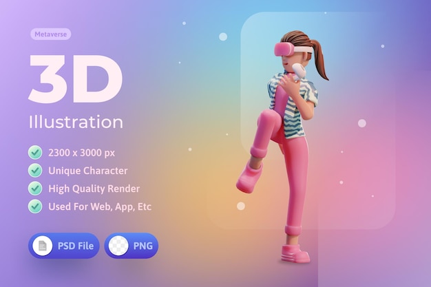 Character woman with headset VR Metaverse 3d Illustration