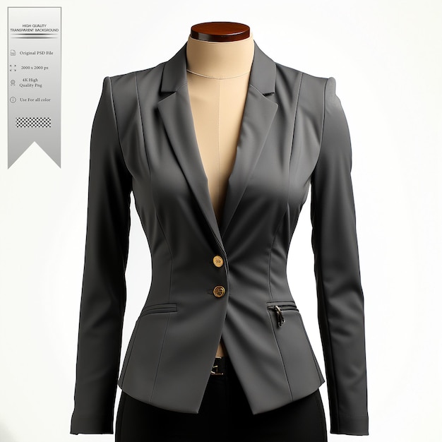 PSD a charcoal gray blazer with a minimalist design and asymmetrical details on transparent background