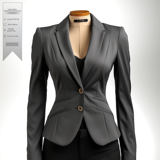 A charcoal gray blazer with a minimalist design and asymmetrical details on transparent background