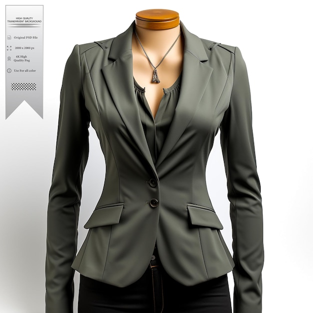 A charcoal gray blazer with a minimalist design and asymmetrical details on transparent background