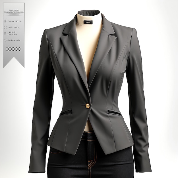 PSD a charcoal gray blazer with a minimalist design and asymmetrical details on transparent background