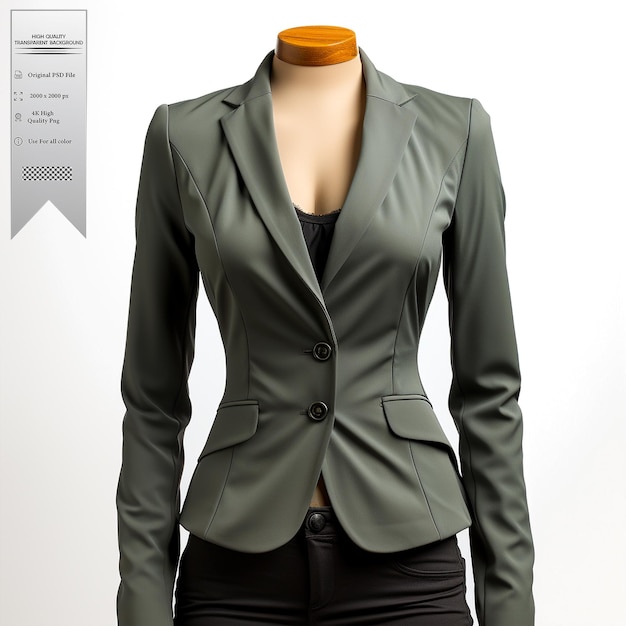 A charcoal gray blazer with a minimalist design and asymmetrical details on transparent background