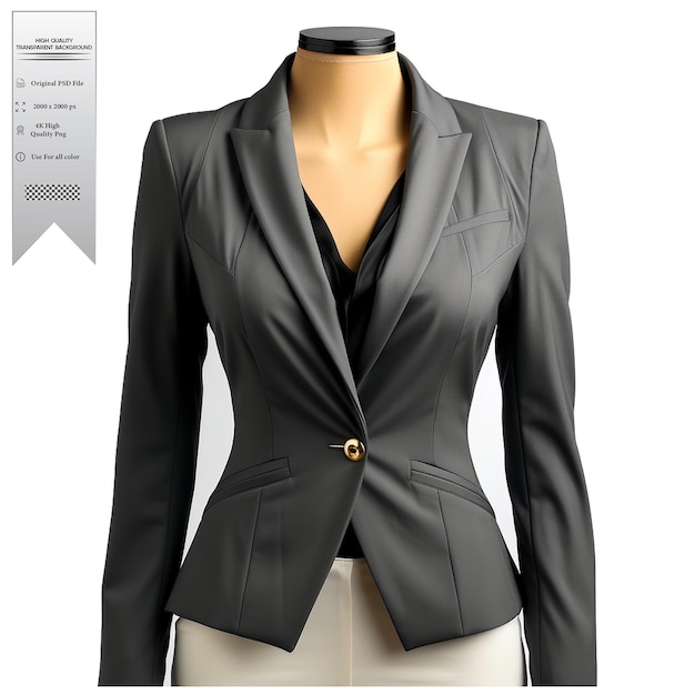 A charcoal gray blazer with a minimalist design and asymmetrical details on transparent background