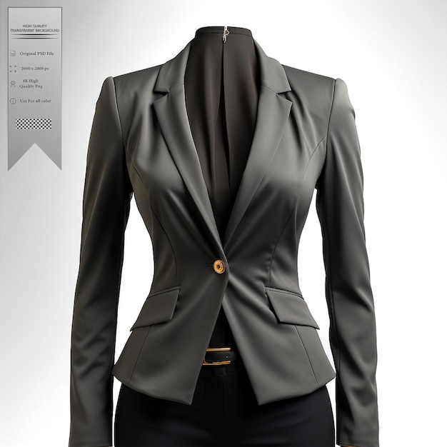 A charcoal gray blazer with a minimalist design and asymmetrical details on transparent background