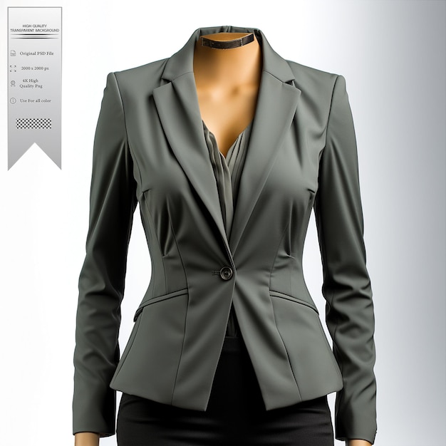 A charcoal gray blazer with a minimalist design and asymmetrical details on transparent background