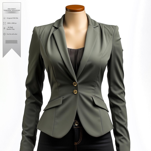 A charcoal gray blazer with a minimalist design and asymmetrical details on transparent background