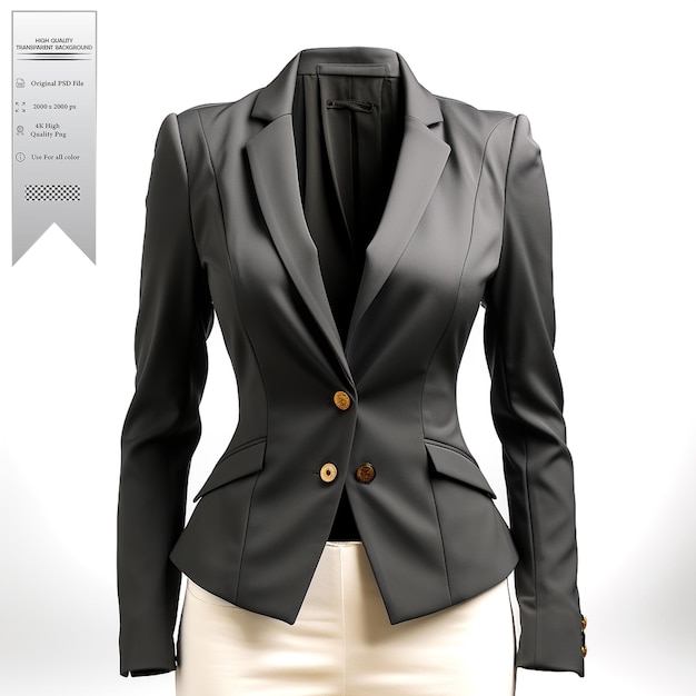 A charcoal gray blazer with a minimalist design and asymmetrical details on transparent background