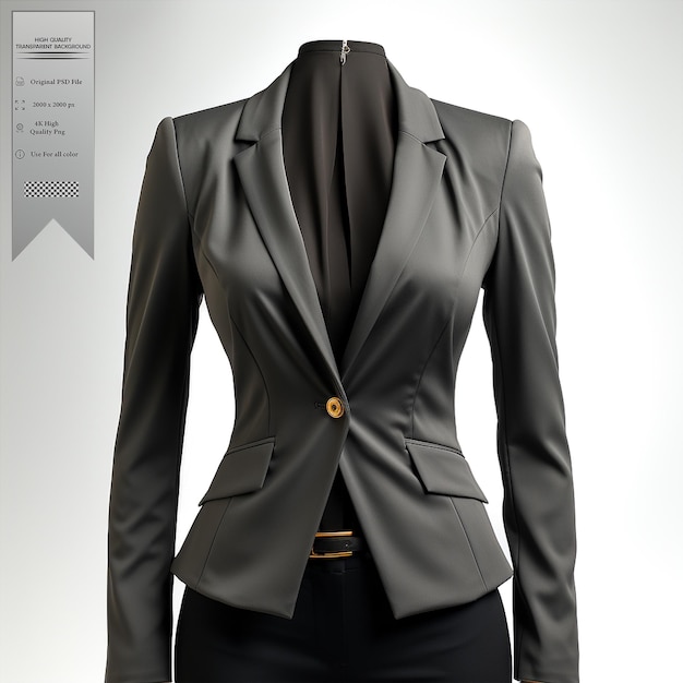 A charcoal gray blazer with a minimalist design and asymmetrical details on transparent background